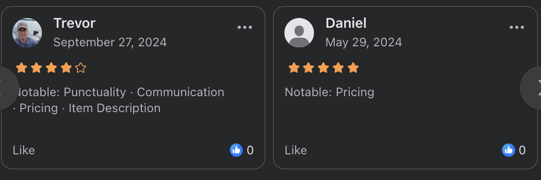 Facebook Marketplace reviews from Trevor and Daniel