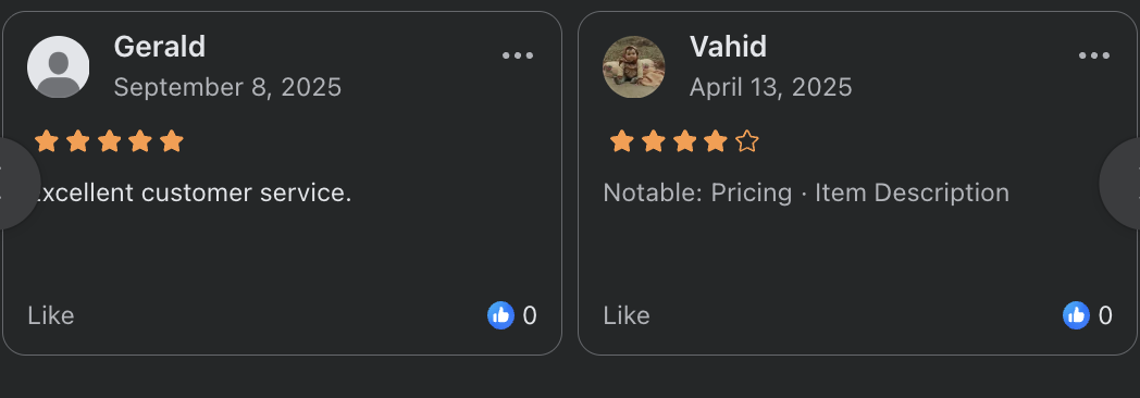 Facebook Marketplace reviews from Gerald and Vahid