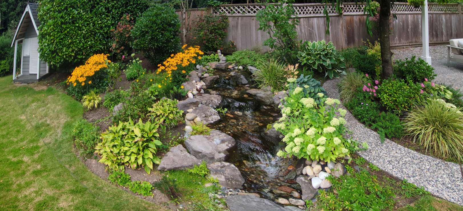 The garden before: lawn-edged stream bed with hostas and black-eyed Susans