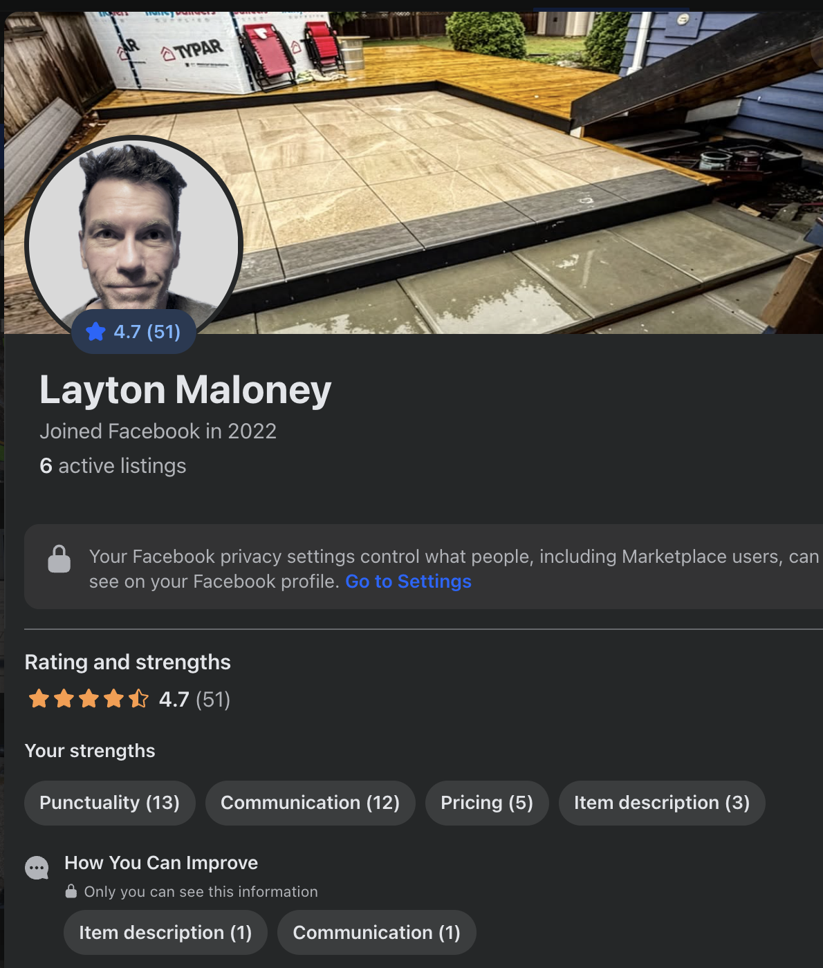 Cut Pavers Facebook Marketplace profile showing 4.7 stars across 51 ratings
