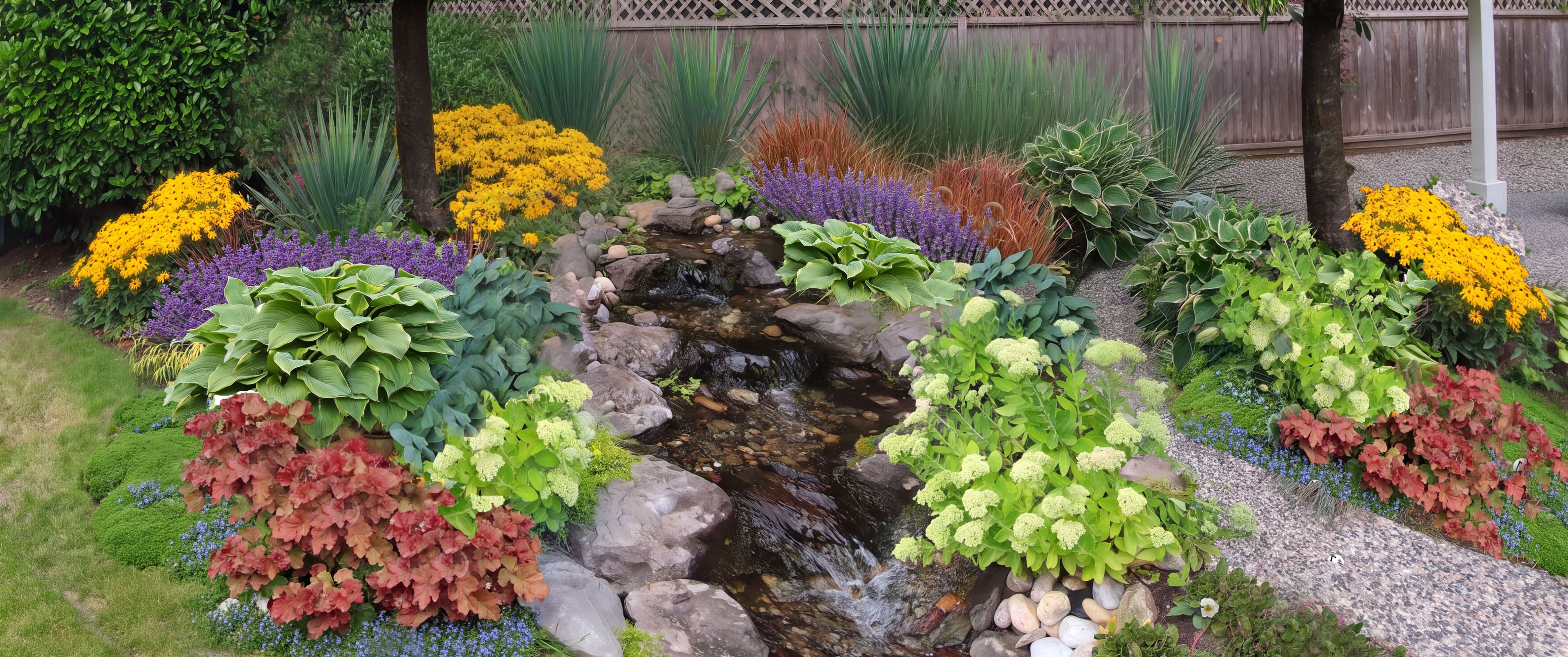 The garden design: yuccas and grasses along the fence, lavender, hostas, sedums, coral bells and a moss carpet around the stream