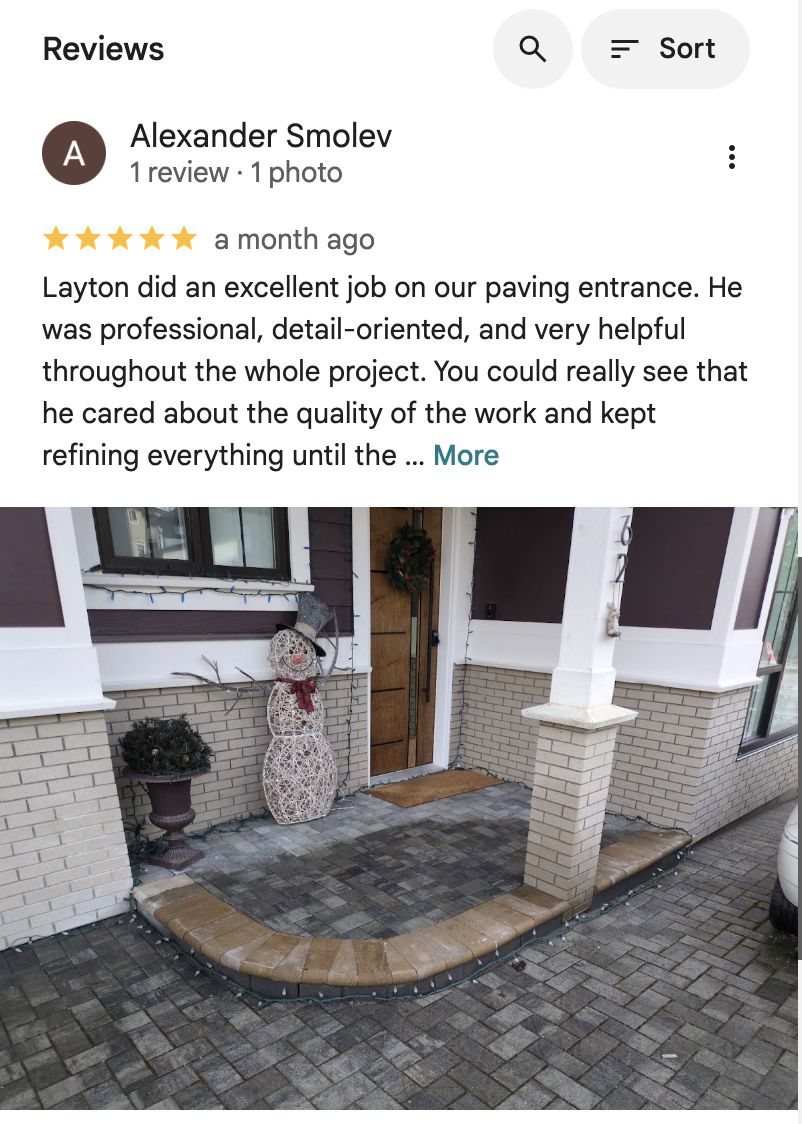 Five-star Google review from Alexander Smolev about Cut Pavers