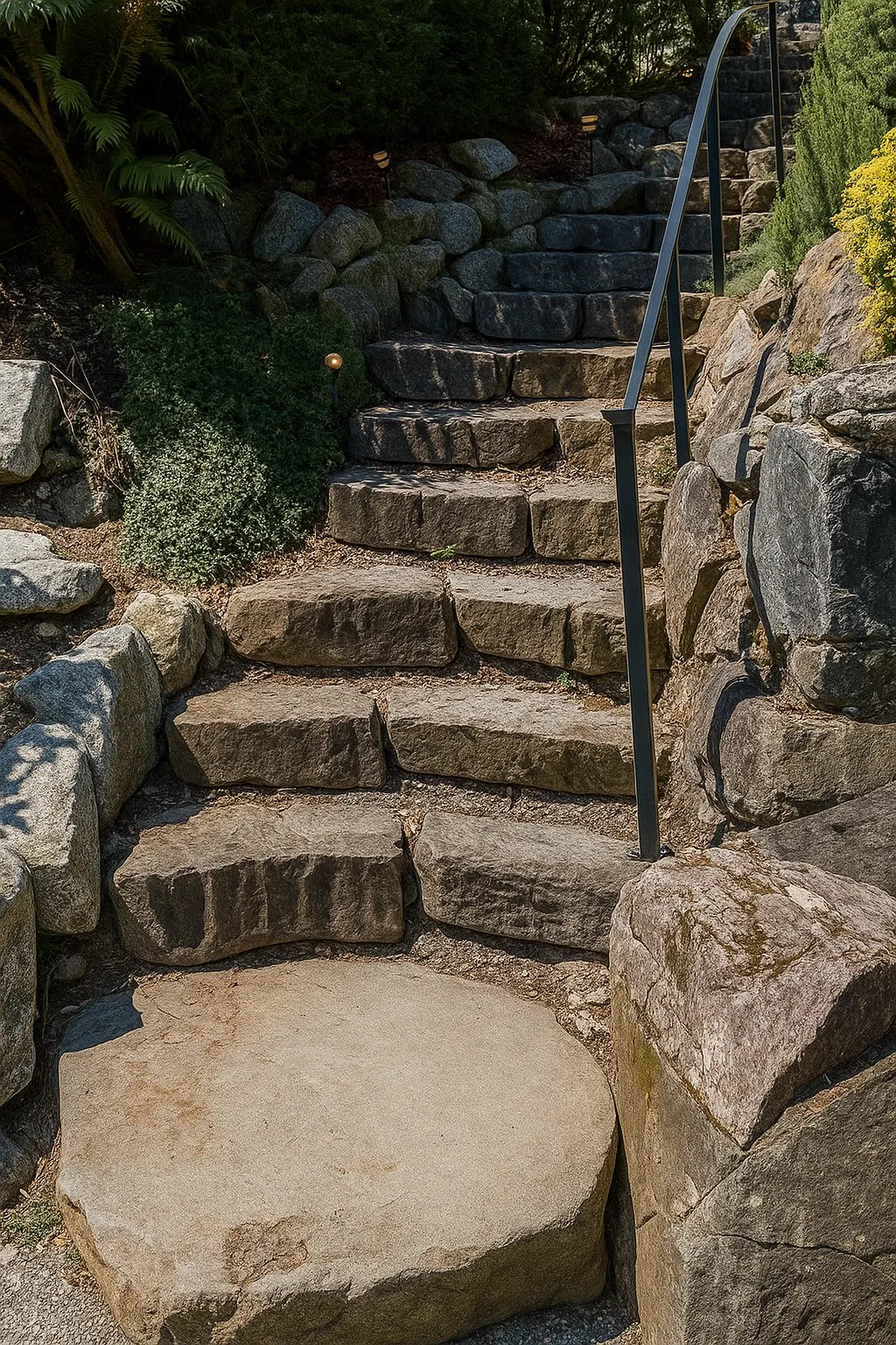 Basalt treads set into granite retaining walls