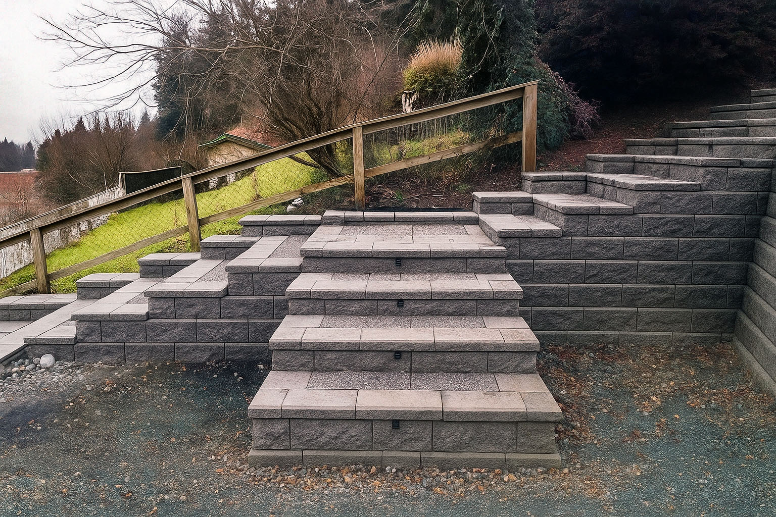 Wide stair landing stepping up between tiers