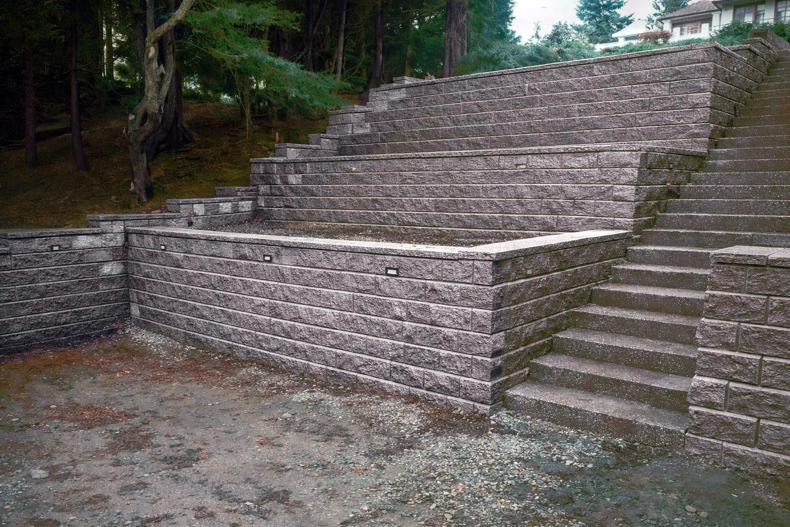 Top tier walls and stairs meeting the tree line